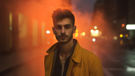Portrait of a young man in a yellow raincoat on the street at nightの素材