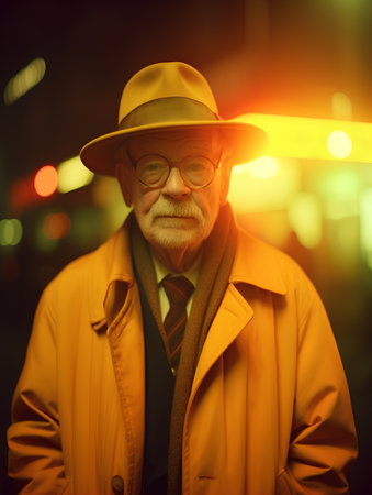 Portrait of senior man in yellow raincoat and hat on city street at nightの素材