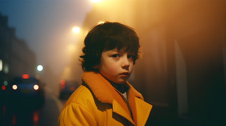 Portrait of a little boy in a yellow coat and scarf on the street at night.の素材