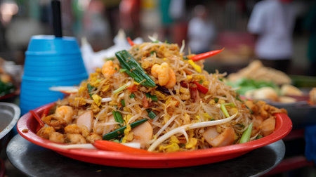 Fried rice noodle with chicken and vegetables in the market.の素材