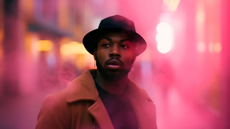 African american man in a hat and coat in a night city.の素材