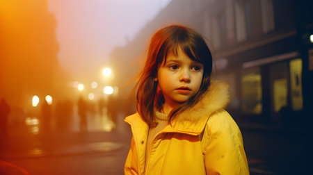 Portrait of a little girl in a yellow raincoat on the street at nightの素材