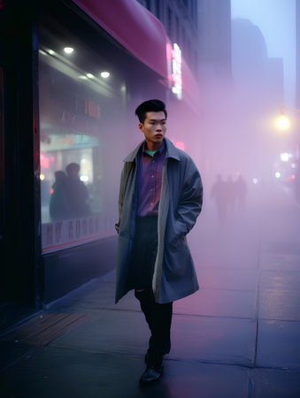 Asian man walking in the city at night, wearing a coat.の素材