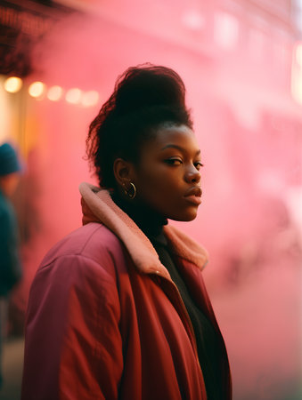 Young african american woman in red coat walking in the city.の素材
