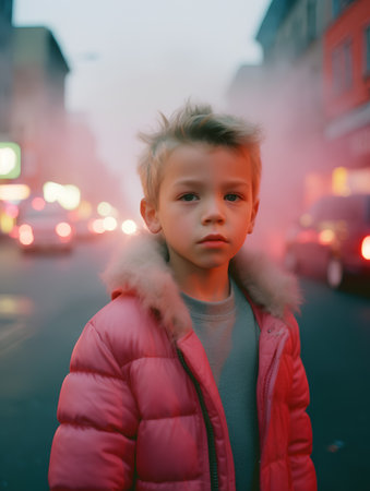 portrait of a boy in a red jacket on the street in the fogの素材