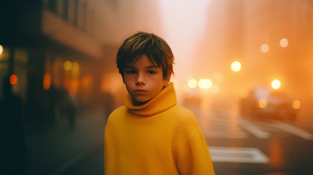 Portrait of a boy in a yellow sweater on the street.の素材