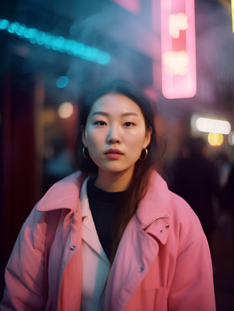 Portrait of a young asian woman in the city at nightの素材