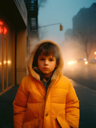 Portrait of a little boy in a yellow jacket on the street at nightの素材