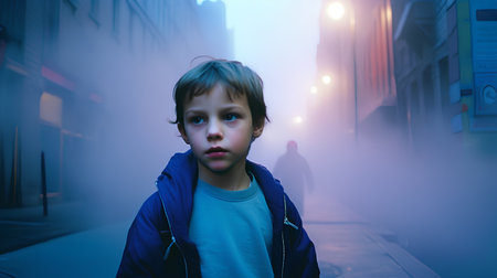 A boy in a blue jacket stands on the street in the fog.の素材