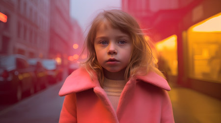 Portrait of a little girl in a pink coat on the street.の素材