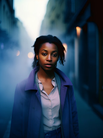 young beautiful afro american woman in the city at night, wearing blue coatの素材