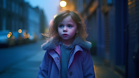 Cute little girl in a blue coat walks through the city at night.の素材