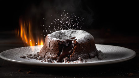Chocolate bundt cake with icing sugar on a black background.の素材