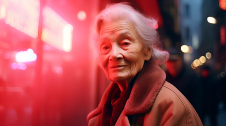 Portrait of an elderly woman on a background of night city.の素材