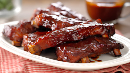 Barbecued pork ribs with sauce on a plate, closeupの素材