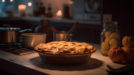 Fresh homemade pie on a kitchen counter. Toned image. Selective focus.の素材
