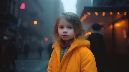 Portrait of a cute little girl in a yellow coat on the street at nightの素材