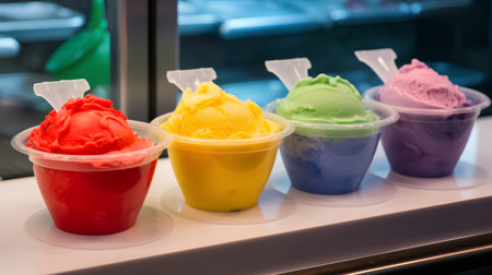 Colorful ice cream in plastic cups on the counter of the shopの素材