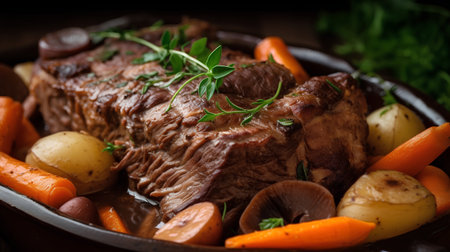 Roast beef with potatoes, carrots and herbs in a frying panの素材