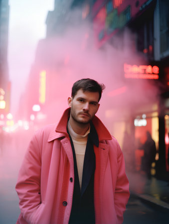 Young handsome man in the city at foggy day. Man in a pink coat.の素材