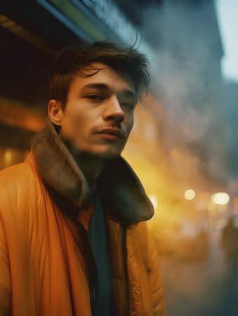 young handsome man in yellow raincoat on city street at night, lifestyle people conceptの素材