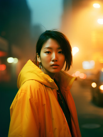 Portrait of young beautiful Asian woman in yellow raincoat at nightの素材
