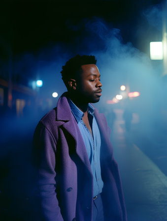 Young african american man in a blue coat on the street at night.の素材