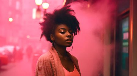 Beautiful african american young woman with afro hairstyle in the city.の素材