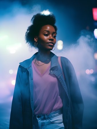 Fashionable african american woman with afro hairstyle, wearing casual clothes, posing in night city.の素材