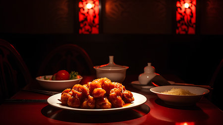chinese deep fried chicken with sweet sauce on the table in restaurantの素材