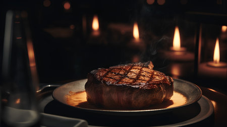 Steak on a plate with burning candles on a dark background.の素材