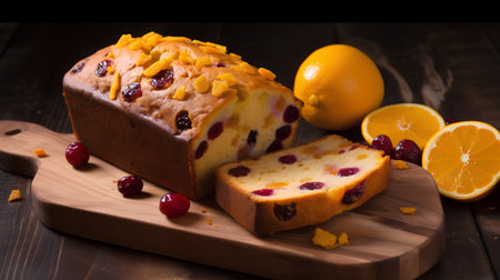Orange cake with raisins and cranberries on a wooden backgroundの素材
