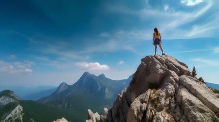 Beautiful young woman standing on the top of the mountain and looking into the distanceの素材