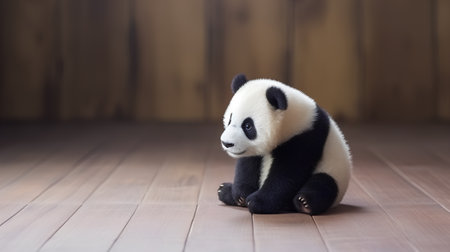 Cute baby panda bear sitting on wooden floor, studio shotの素材