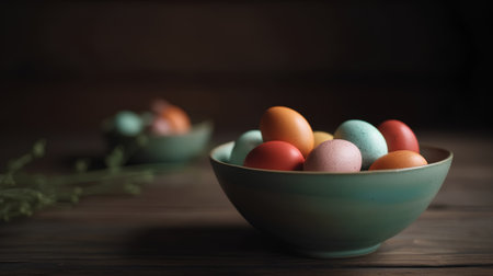 Colorful easter eggs in a bowl on wooden table, selective focusの素材
