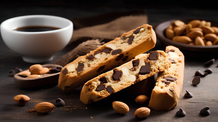 Chocolate cantuccini cookies with almonds and coffee on wooden tableの素材