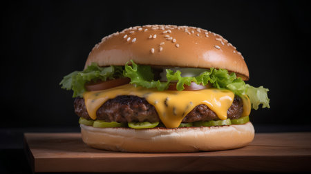 Hamburger on a wooden board on a black background. Toned.の素材