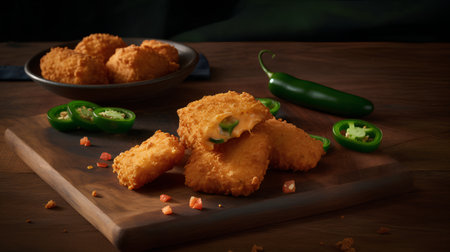 Crispy fried chicken nuggets with green chilli peppers on wooden cutting boardの素材