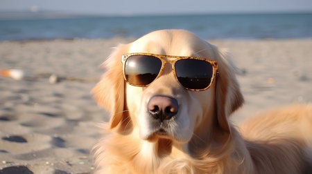 golden retriever dog in sunglasses on the beach close-upの素材