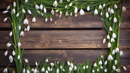 Snowdrop flowers on wooden background with copy space for your text.の素材