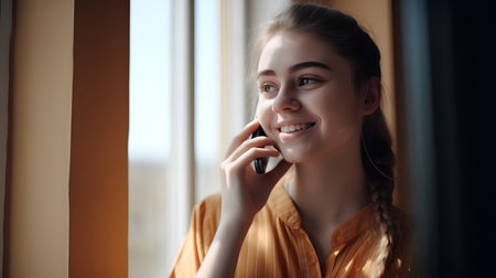 Portrait of a beautiful young woman talking on the phone at homeの素材