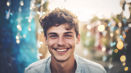 Portrait of a handsome young man smiling at the camera in the streetの素材