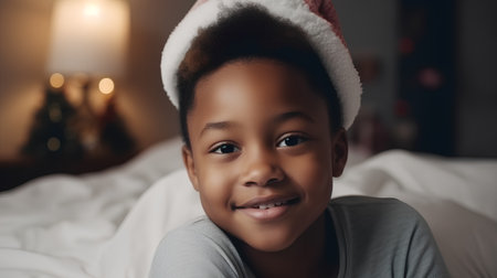 Portrait of a cute african american little boy in christmas hatの素材