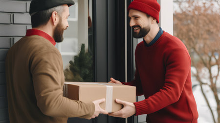 smiling delivery man in red sweater and cap delivering parcel to customerの素材