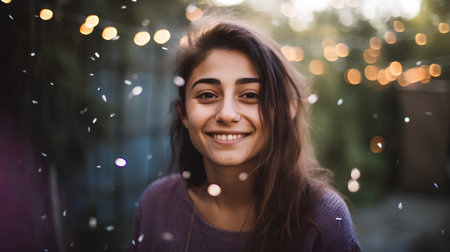 Portrait of a beautiful young woman with bokeh background.の素材