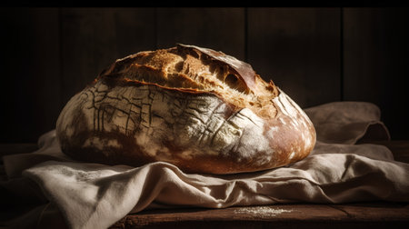 Freshly baked sourdough bread on rustic wooden background.の素材