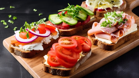 Variety of mini sandwiches with ham, cheese, tomato, cucumber and onion on wooden board over black background.の素材