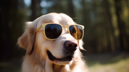 golden retriever dog wearing sunglasses on the background of the forestの素材