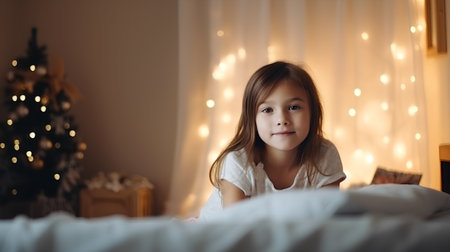Portrait of adorable little girl sitting on bed with Christmas tree in backgroundの素材