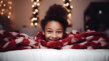 Portrait of a cute african american little girl wrapped in blanketの素材